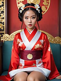 Cambodian woman in red wedding dress dances joyfully at a Japanese themed parade